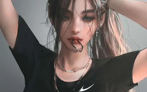 6566x4096 Desktop Wallpaper - 黑T恤扎头发少女4K电脑壁纸