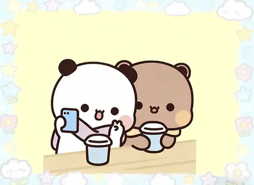 2358x1720 Desktop Wallpaper - 一二布布看手机喝奶茶治愈插画电脑壁纸
