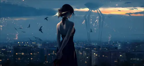 3840x1761 Desktop 科幻赛博 Wallpaper - 蓝调暮色下俯瞰灯火城市的黑裙女子与三足巨影