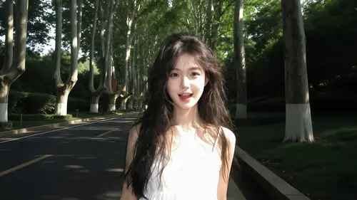 4000x2250 Desktop Wallpaper - 林荫大道上穿白色无袖上衣的长发女子迎光微笑
