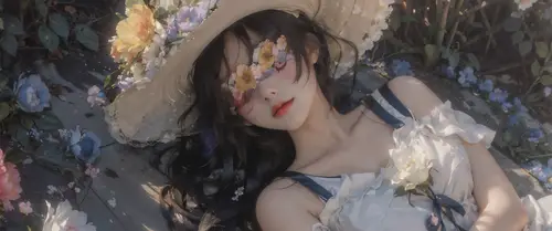 3440x1440 Ultrawide Wallpaper - 花海少女草帽侧躺超宽屏壁纸