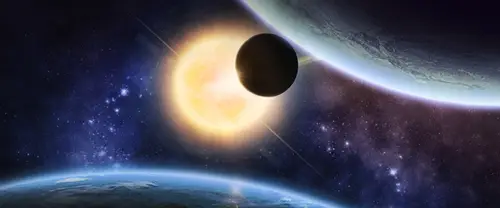 3840x1600 Ultrawide Wallpaper - 黑色行星掠过金色恒星超宽屏壁纸