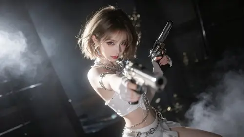 2848x1600 Desktop 人像摄影 Wallpaper - 暗室烟雾中短发女子双持手枪直视镜头的逆光人像