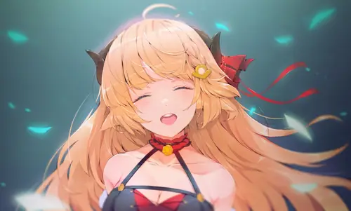7680x4617 Desktop Wallpaper - 金发恶角少女闭眼微笑8K电脑壁纸