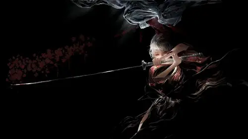 1920x1080 Desktop 动漫二次元 Wallpaper - 黑色背景中白发剑客横举长刀与翻飞红黑衣袍