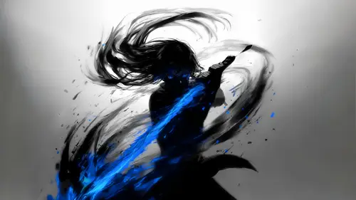 4000x2250 Desktop Wallpaper - 灰白背景下长发人影抬手与蓝色笔触交错