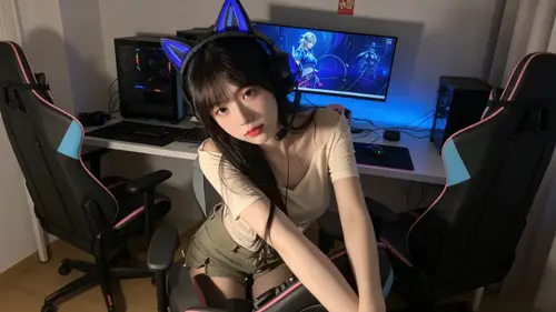 2848x1600 Desktop 人像摄影 Wallpaper - 戴蓝光猫耳耳机的长发女生俯身坐在电竞椅上
