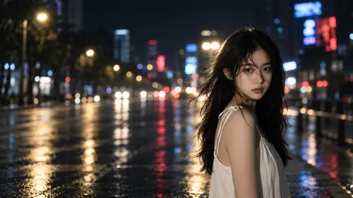 3840x2160 Desktop 人像摄影 Wallpaper - 雨夜霓虹街头白色吊带长发女子侧身回眸