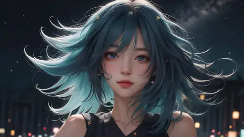 3858x2160 Desktop Wallpaper - 蓝发少女夜景微风4K电脑壁纸