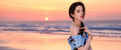 3440x1440 Ultrawide Wallpaper - Liu Yifei in a Floral Dress at Sunset by the Sea
