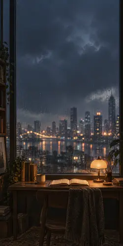 887x1774 Mobile 自然风景 Wallpaper - 雨夜窗边书桌摆着翻开的书 暖灯映照朦胧都市夜景