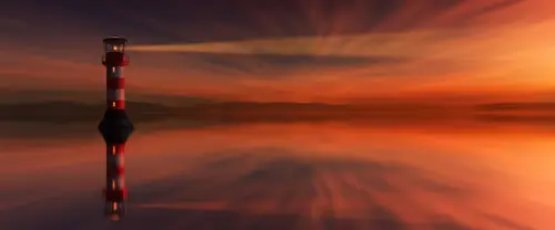 3840x1600 Ultrawide Wallpaper - 红白灯塔夕阳海面倒影超宽屏壁纸