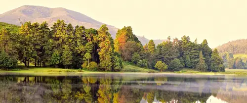 3840x1600 Ultrawide Wallpaper - 湖畔森林晨雾山峦超宽屏壁纸