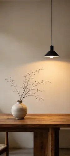 1440x3200 Mobile Wallpaper - 原木餐桌花瓶吊灯手机壁纸