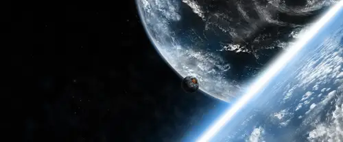 3840x1600 Ultrawide Wallpaper - 蓝色行星弧面与暗色小天体超宽屏壁纸
