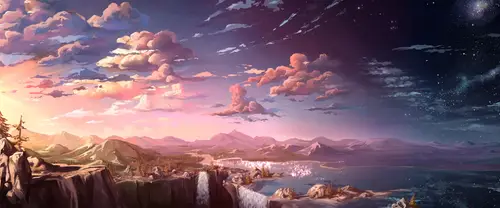 3840x1600 Ultrawide Wallpaper - 梦幻山水日落星空超宽屏壁纸