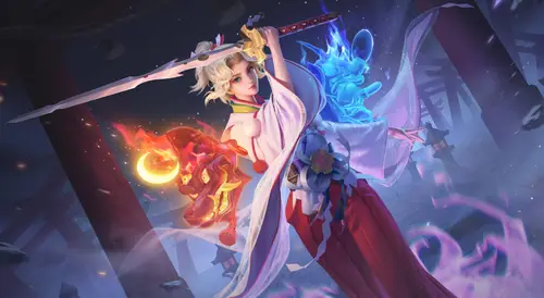 7901x4320 Desktop Wallpaper - 神社少女挥剑战斗 8K 电脑壁纸
