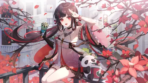 8886x5000 Desktop Wallpaper - 红花枝间栏杆上抬手的黑发少女与熊猫玩偶