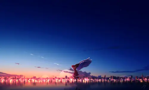 3840x2323 Desktop 动漫二次元 Wallpaper - 黄昏下飞翔的羽翼少女