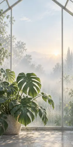 887x1774 Mobile 自然风景 Wallpaper - 温室窗边龟背竹 晨雾中暖阳光线洒落