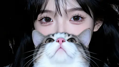 2160x1214 Desktop Wallpaper - 灰白虎斑猫仰头与黑发女孩双眼同框特写