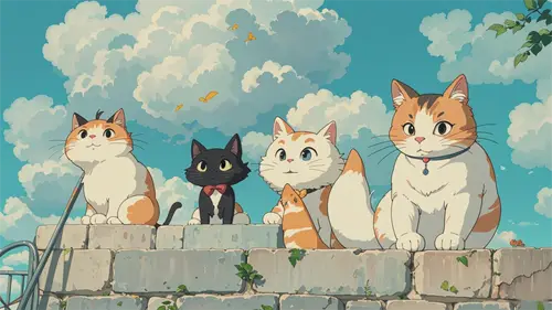 2000x1125 Desktop Wallpaper - 蓝天白云下五只花色猫咪并坐斑驳石墙的插画