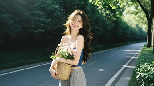 3840x2160 Desktop 人像摄影 Wallpaper - 林荫道路旁抱着藤编花篮微笑的蓝衣长发女孩