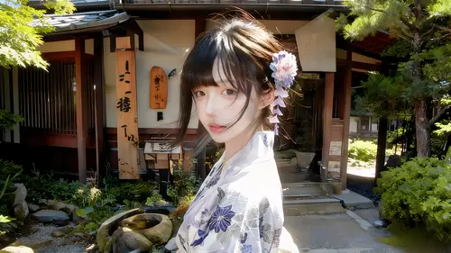 3838x2158 Desktop Wallpaper - 日式木屋前戴紫白花饰回眸的浅色印花和服女子