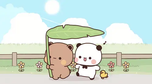 2358x1296 Desktop Wallpaper - 一二布布荷叶伞草地散步电脑壁纸