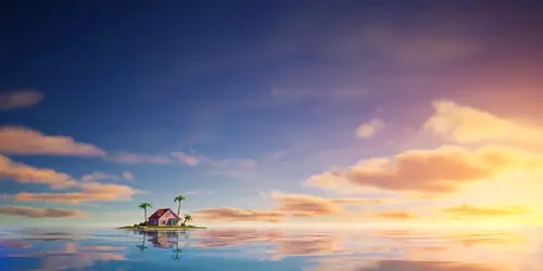 2048x1024 Desktop 自然风景 Wallpaper - 海上孤岛小屋夕阳