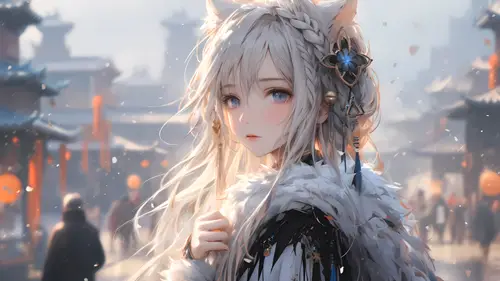 3840x2160 Desktop Wallpaper - 银发兽耳少女古风街道4K电脑壁纸