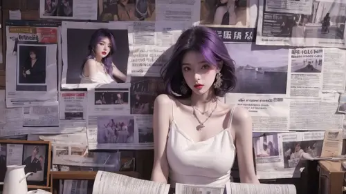 4627x2603 Desktop Wallpaper - 紫发吊带美女报纸墙背景4K电脑壁纸