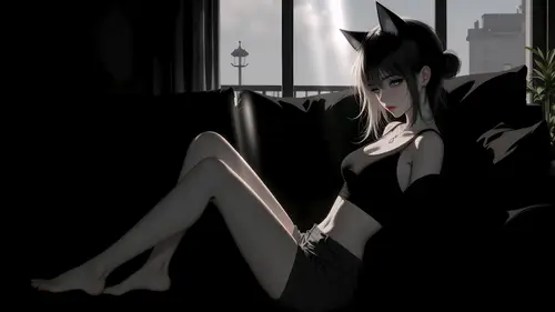 7680x4320 Desktop Wallpaper - 暗影沙发上的猫耳少女
