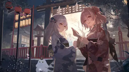 7680x4320 Desktop Wallpaper - Anime Girls in Kimono at Shrine Winter Night 8K Desktop Wallpaper