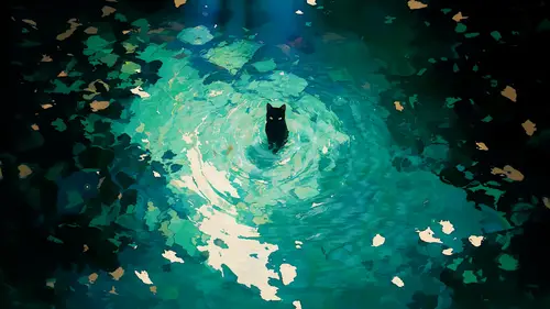 3840x2160 Desktop 艺术插画 Wallpaper - 俯视碧绿水潭中黑猫与层层扩散的明亮涟漪
