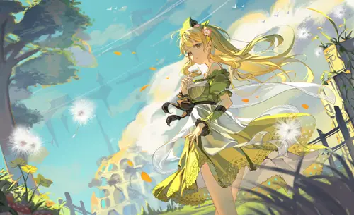 7680x4694 Desktop Wallpaper - 金发少女绿裙微风插画8K电脑壁纸