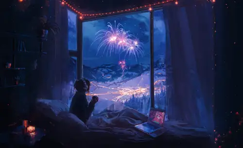 7680x4672 Desktop Wallpaper - 窗前烟花雪夜动漫少女 8K电脑壁纸