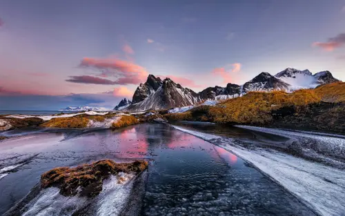 5120x3200 Desktop 自然风景 Wallpaper - 冰岛韦斯特拉霍恩雪山海岸4K电脑壁纸