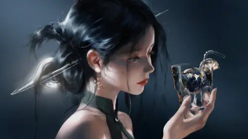 7706x4320 Desktop Wallpaper - 黑发少女手捧地球玻璃杯8K电脑壁纸