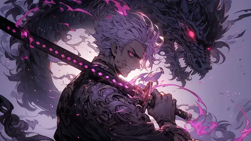 3840x2160 Desktop Wallpaper - 白发武士黑龙刀锋紫黑幻想插画4K电脑壁纸