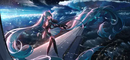 9349x4320 Desktop Wallpaper - 初音未来飞机机翼夜空8K电脑壁纸