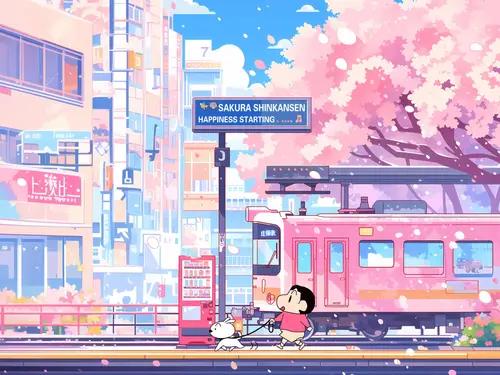 4096x3070 Desktop 动漫二次元 Wallpaper - Anime Boy Walking Dog in Cherry Blossom Station Wallpaper
