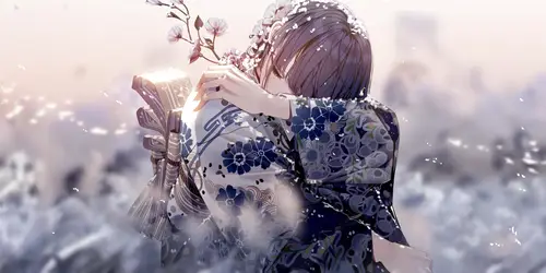 8640x4312 Desktop Wallpaper - 动漫少女和服背影4K电脑壁纸，飘落花瓣与逆光氛围