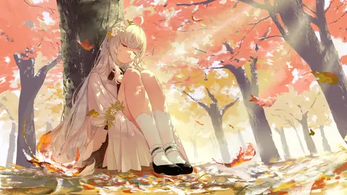 4096x2304 Desktop 动漫二次元 Wallpaper - Anime girl resting under maple tree in autumn