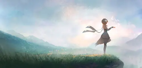 8193x3914 Desktop Wallpaper - Genshin Impact Lumine Cliff Flower Field 4K Desktop Wallpaper