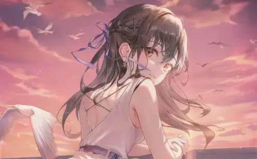 7680x4765 Desktop Wallpaper - 夕阳晚霞少女回眸8K电脑壁纸