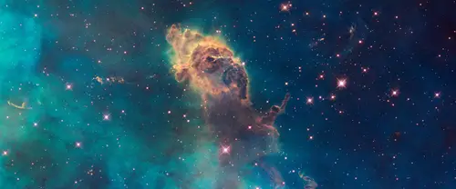 3840x1600 Ultrawide 自然风景 Wallpaper - 蓝绿星云中金边柱状暗云与密布的星点