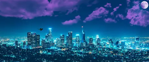 3840x1600 Ultrawide Wallpaper - 城市夜景满月紫色云彩超宽屏壁纸