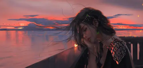 8800x4184 Desktop 艺术插画 Wallpaper - 黄昏江畔少女4K电脑壁纸数字插画
