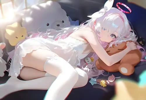 3648x2496 Desktop Wallpaper - 白发少女趴卧玩偶间怀抱棕色小熊的柔光插画